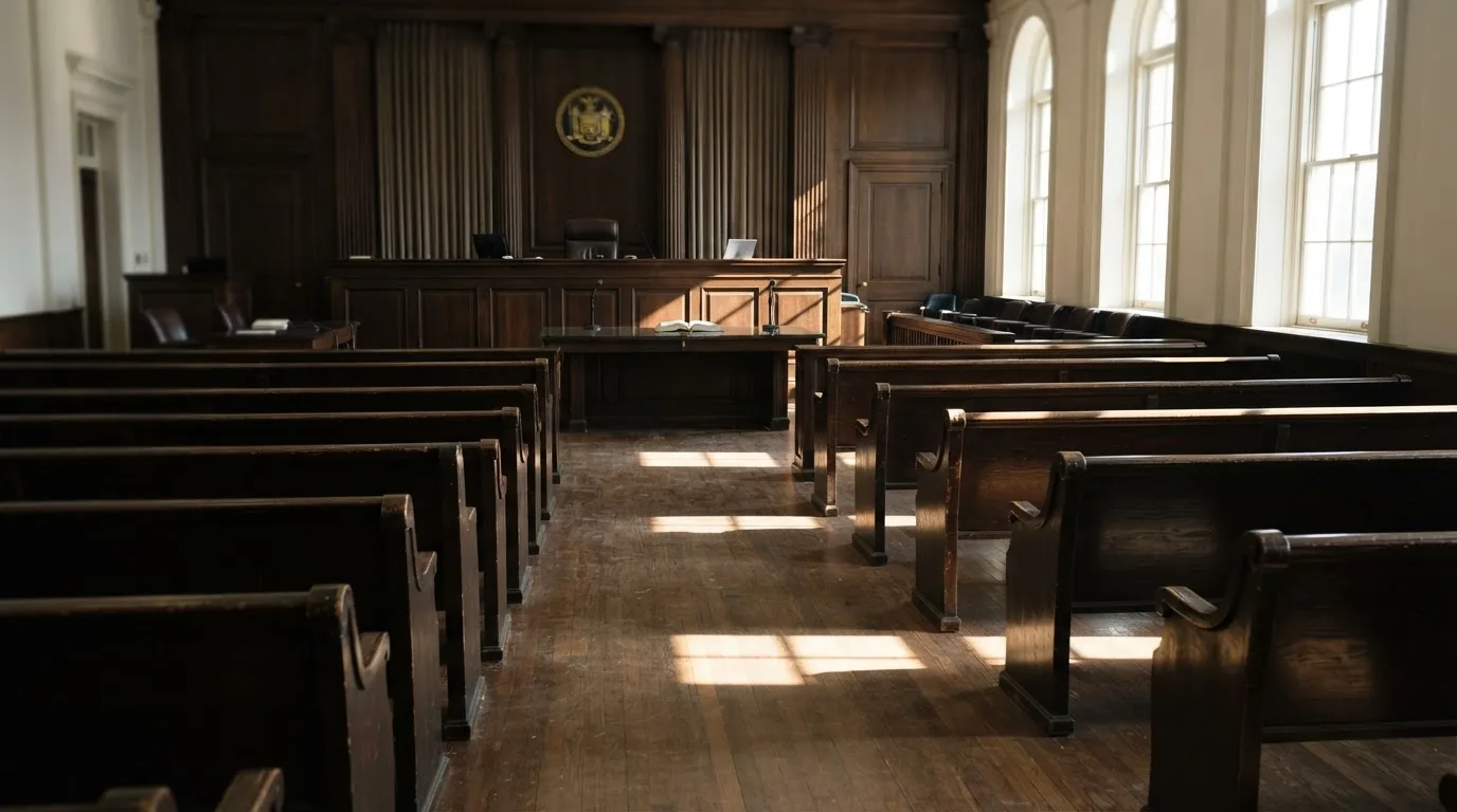 Una sala de tribunal vacía con bancos de madera a la luz de la mañana
